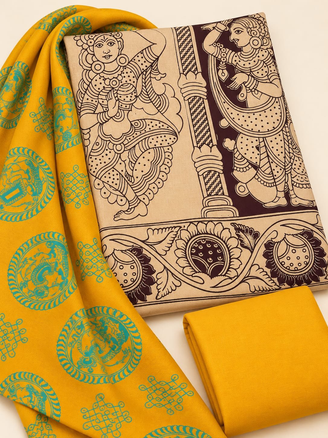 Home kalamkari pure cotton salwar material mustard yellow