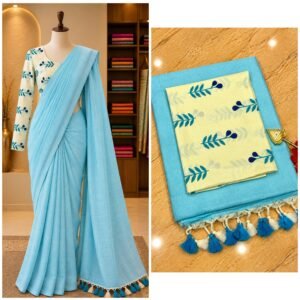 khadi cotton skyblue saree kalamkari blouse