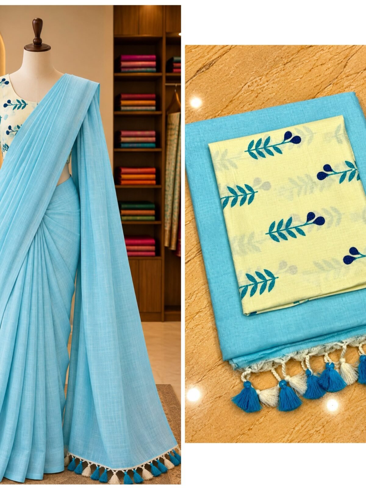 khadi cotton skyblue saree kalamkari blouse