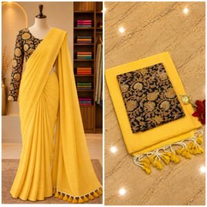 khadi cotton yellow saree kalamkari blouse