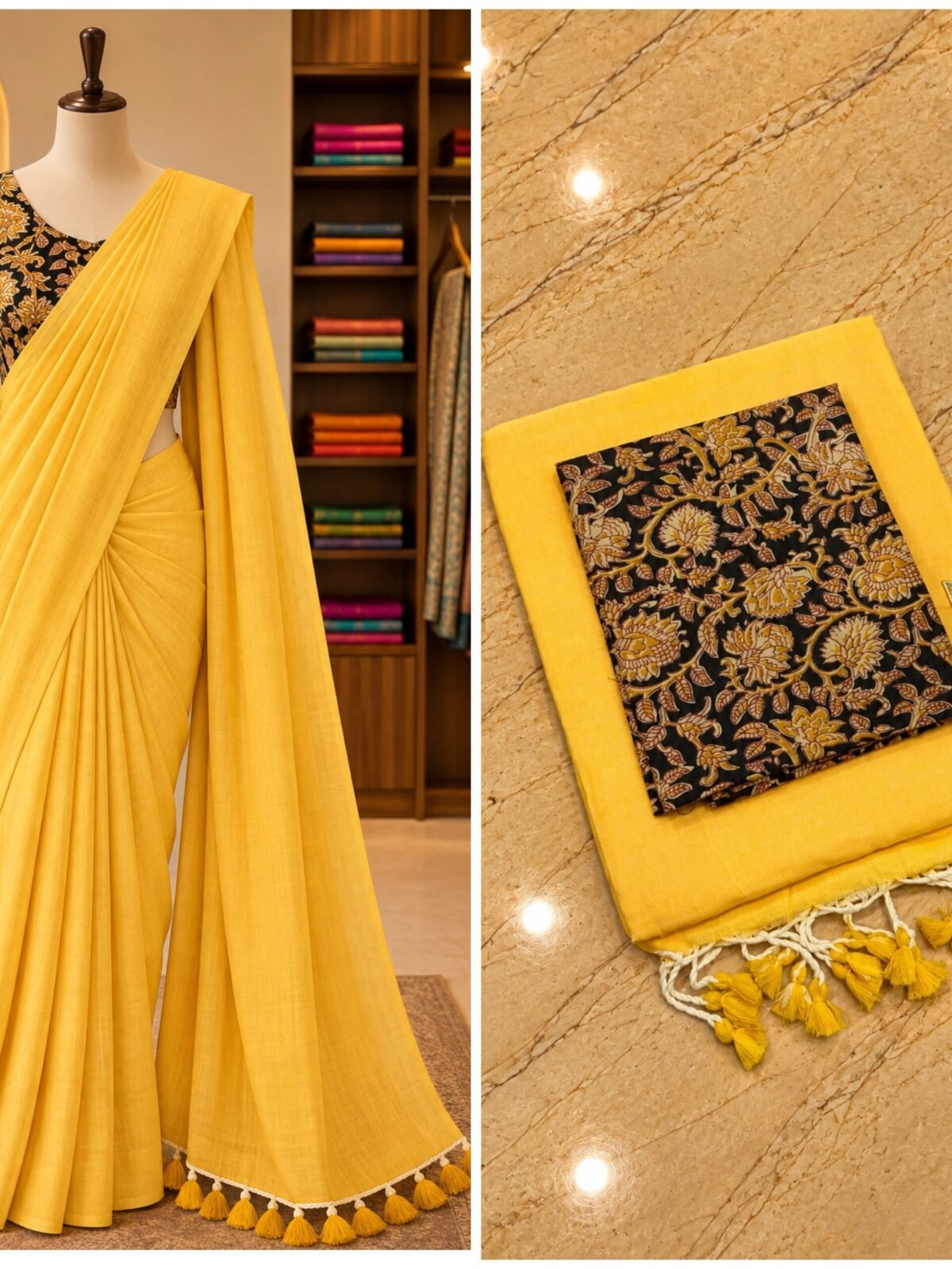 khadi cotton yellow saree kalamkari blouse