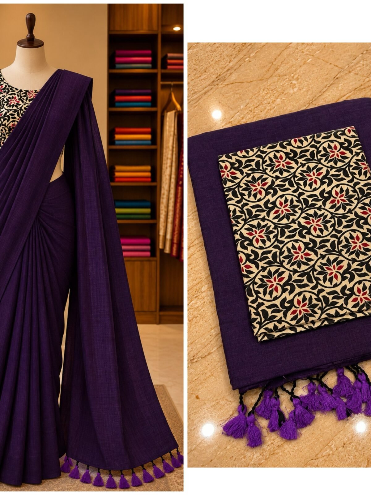 khadi cotton purple saree kalamkari blouse