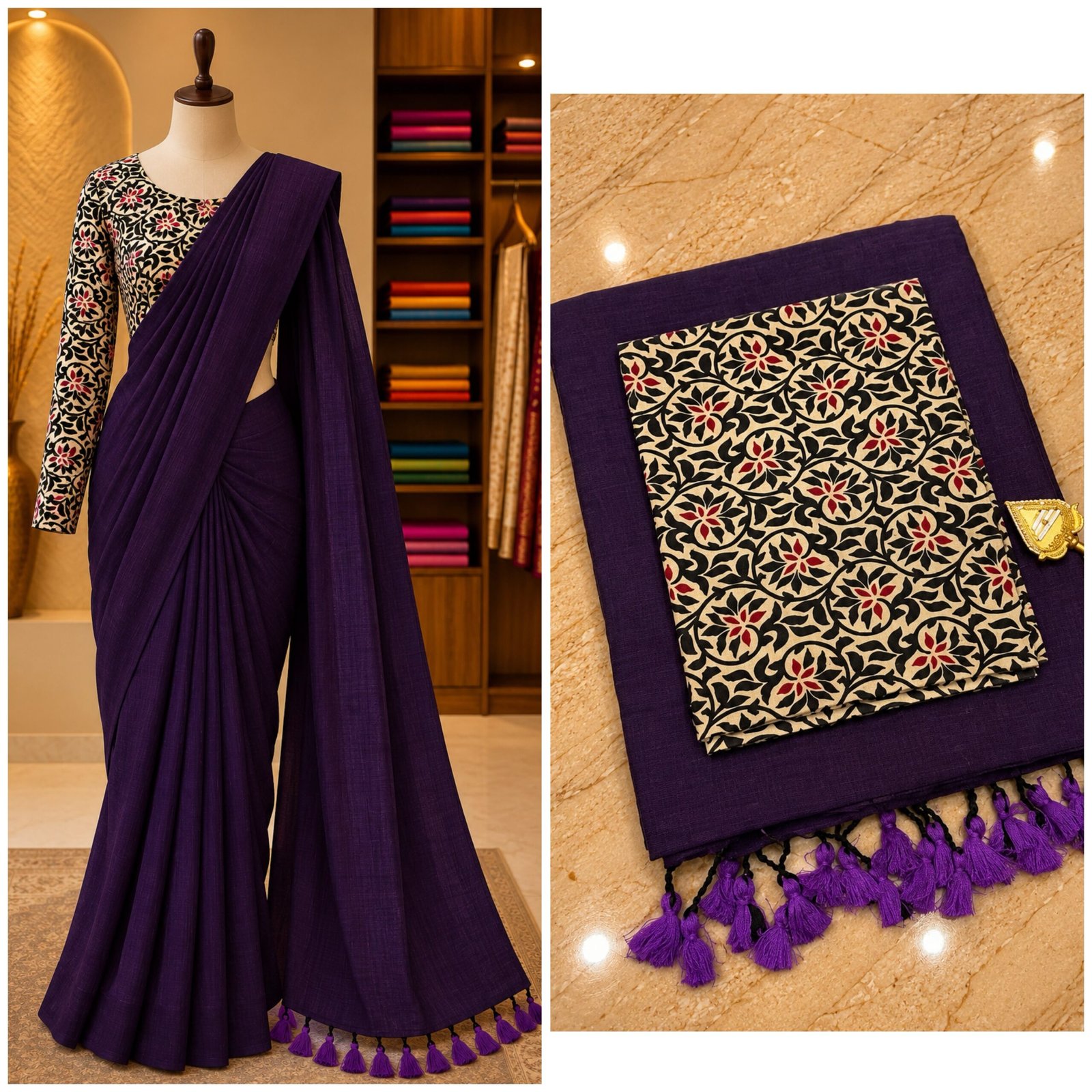 khadi cotton purple saree kalamkari blouse